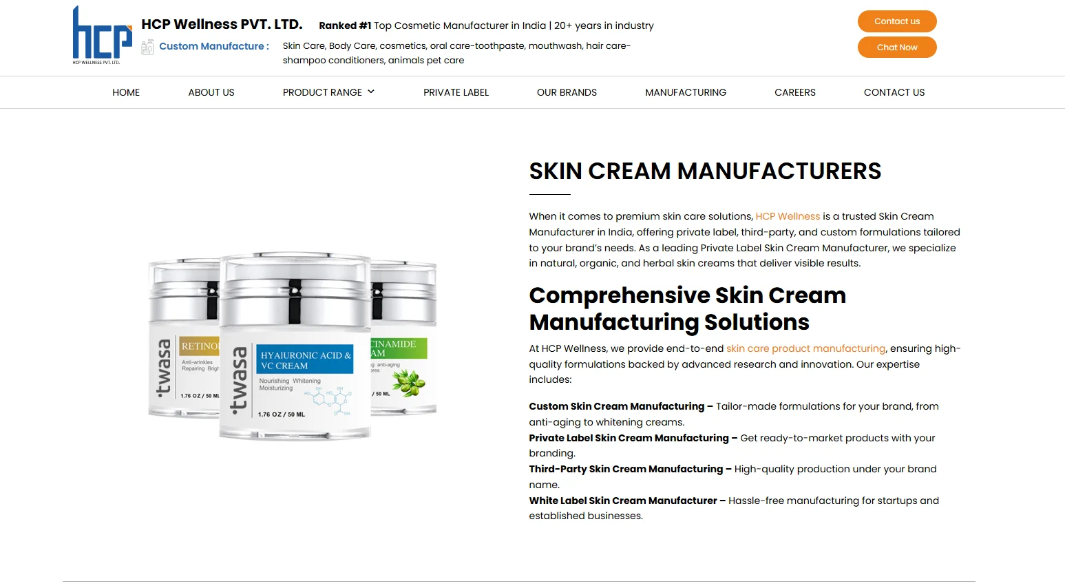 HCP Wellness webpage showcasing skin cream products and manufacturing services with product jars and company details.